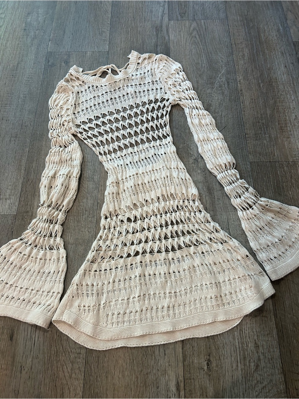 Boho cream crochet open-knit mini dress coverup with bell sleeves. Size: S